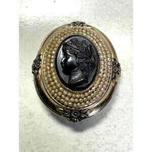 Coro Gold Tone Cameo Brooch Faux Pearl Victorian Revival Pin